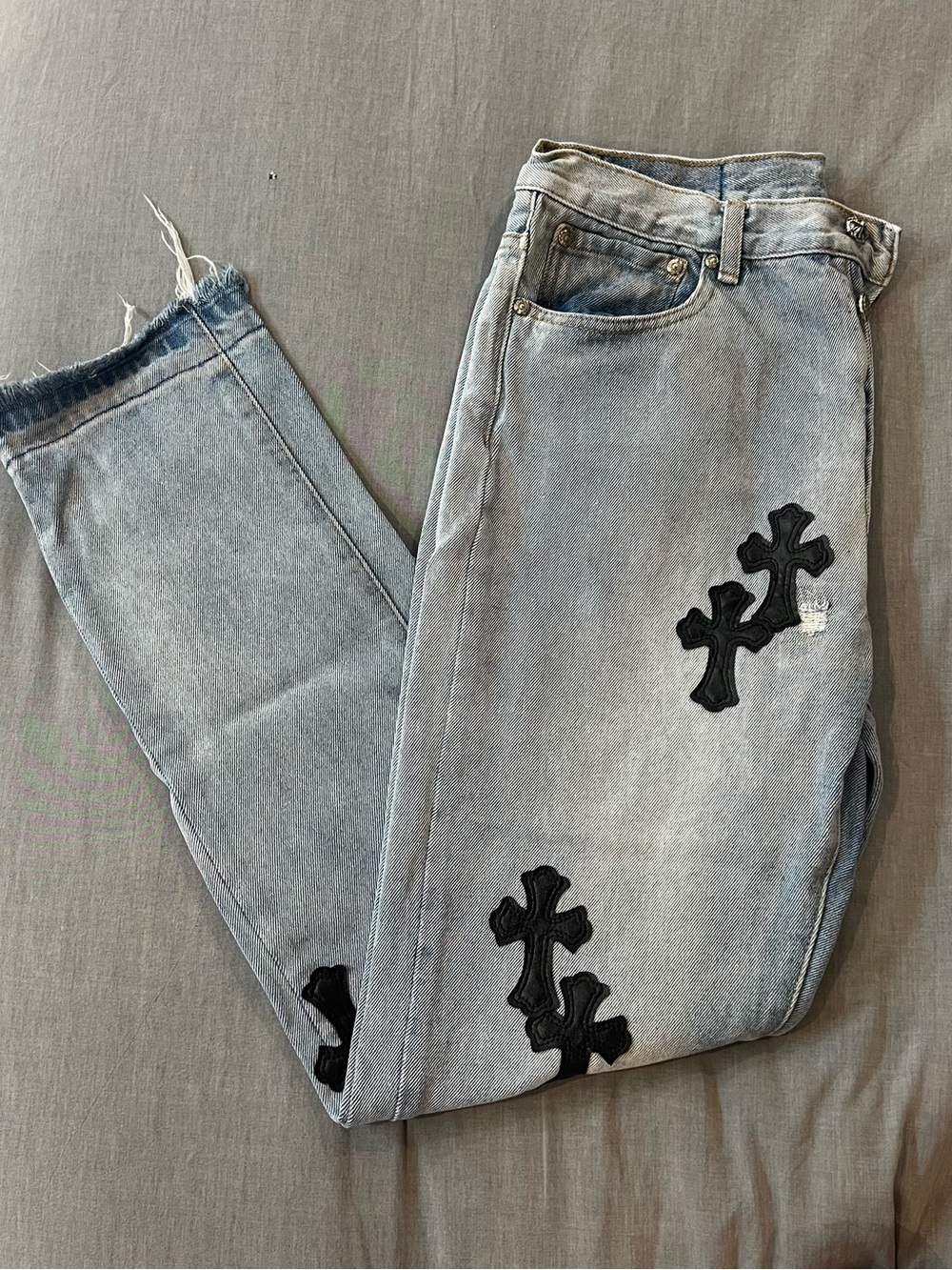 Chrome Hearts Light Blue Slim Straight Jeans with Black Cross Patches - Picture 3 of 8